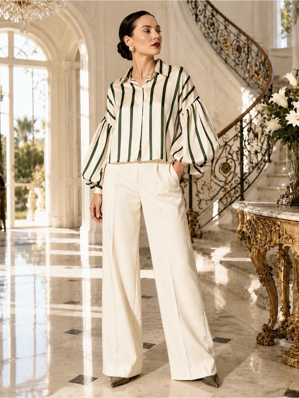 Milk and Honey XL Green Stripe Balloon Sleeve Blouse Old Hollywood Chic